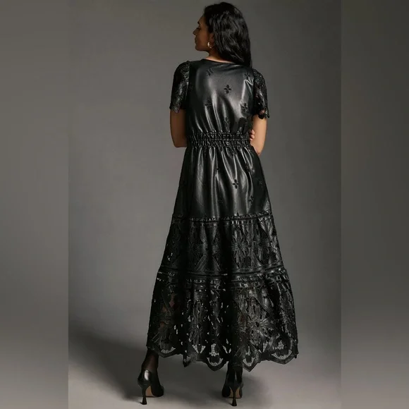 NWT Anthropologie The Somerset Maxi Dress: Faux Leather Embroidered Edition L - Picture 2 of 13